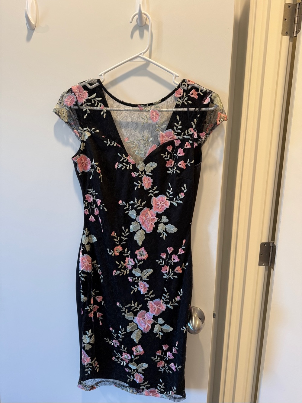 Lipsy Black Midi Dress with Pink Floral Embroidery